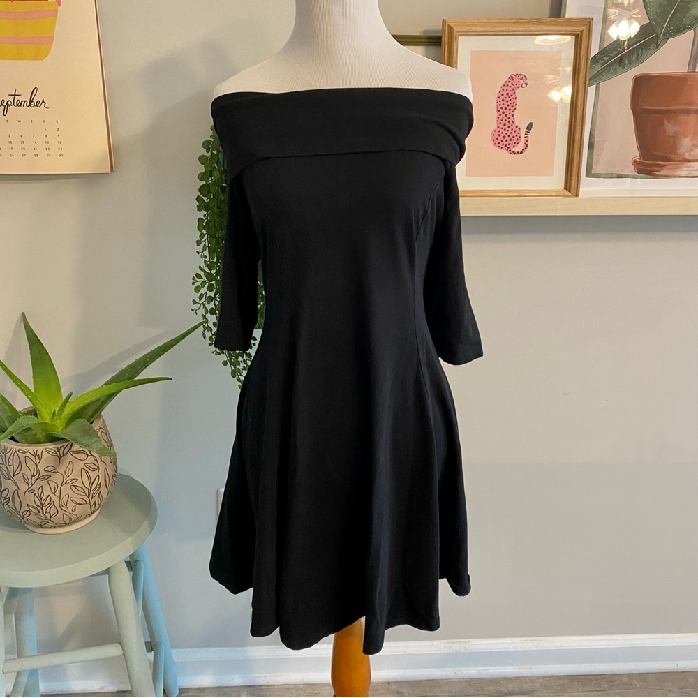 ASOS black off the shoulder fit and flare dress